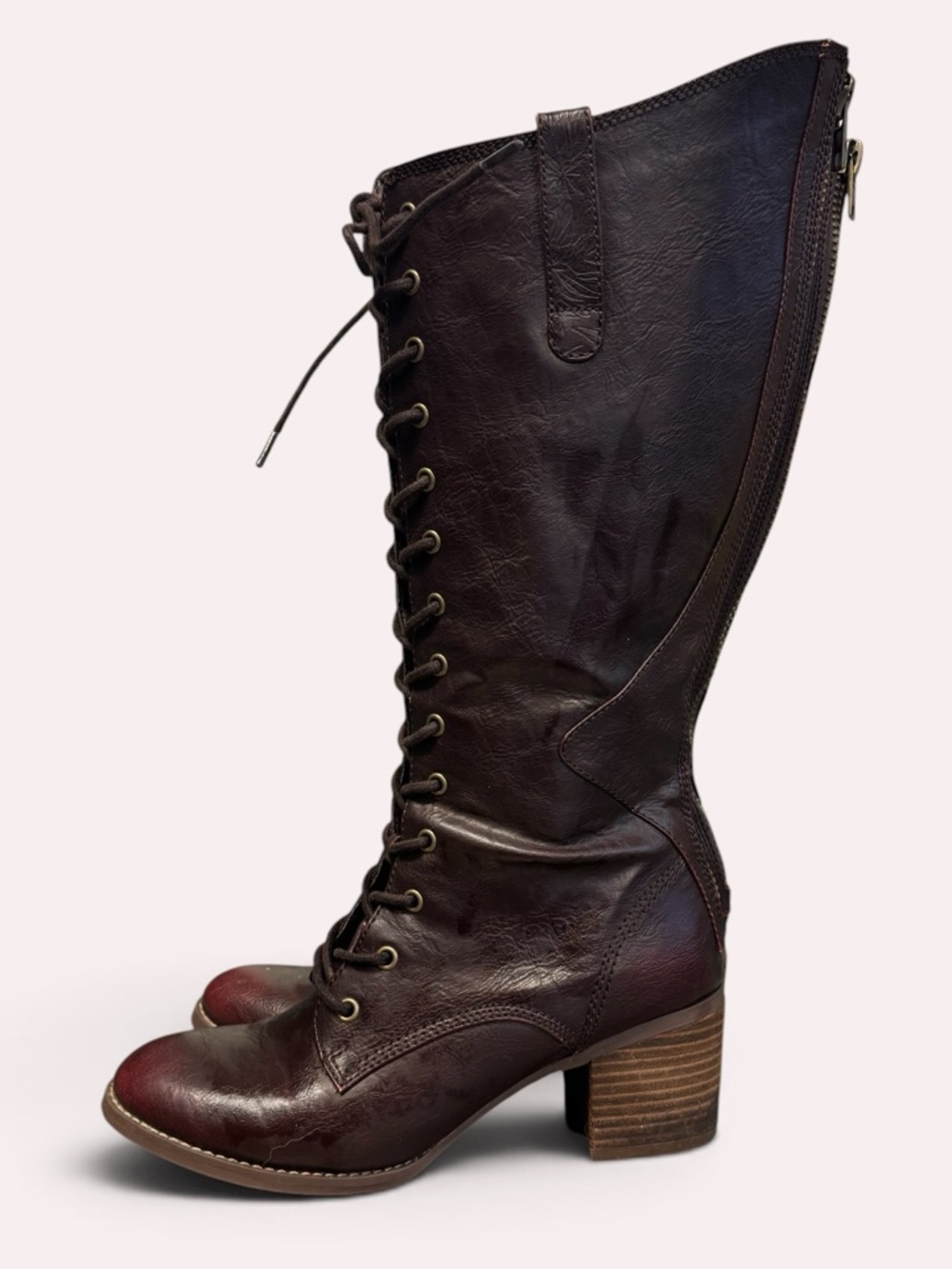 Lace-Up Knee High Leather Boots - Dark Brown W/Easy Zipper Closure
Size9